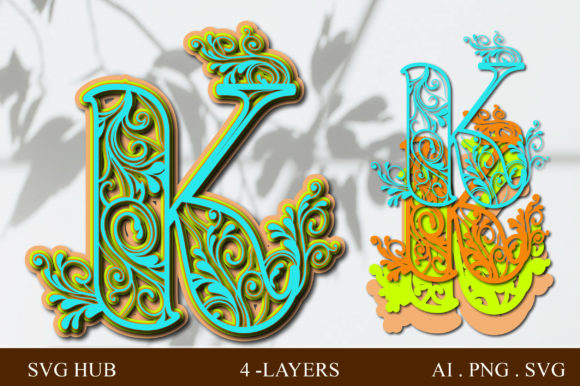 Layered Floral Letter K 3D SVG Shapes
